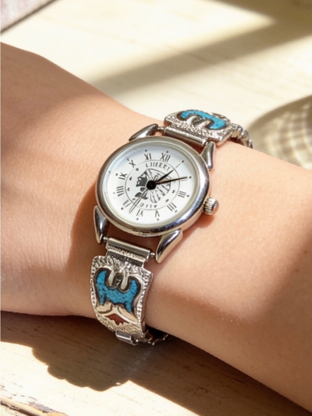 VTG Silver Navajo Turquoise/Coral Thunderbird BandIndian Head Watch New Battery